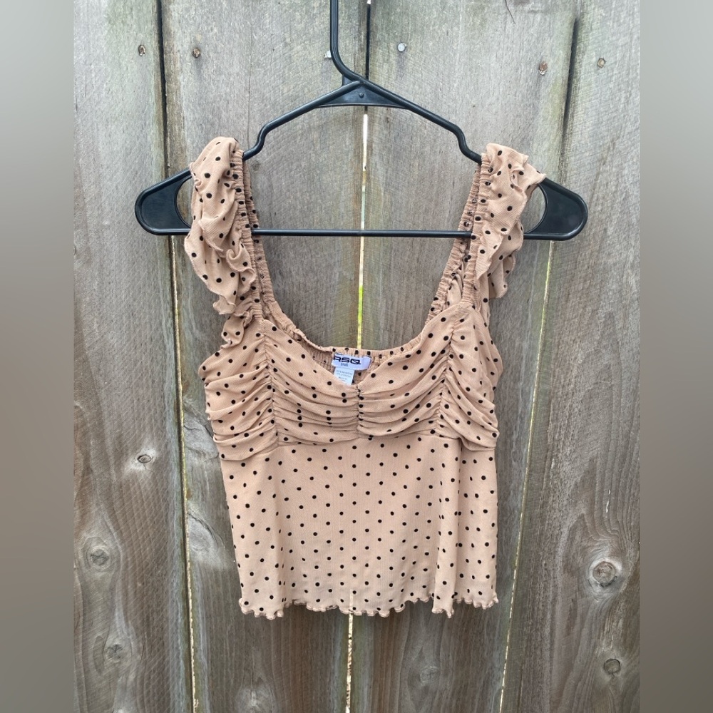 RSQ Beige Black Polka‎ Dot Ruffle Lettuce Hem Tank Top Small